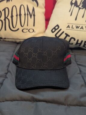 Gucci Black Monogram Baseball Cap with Green and Red Web Accent